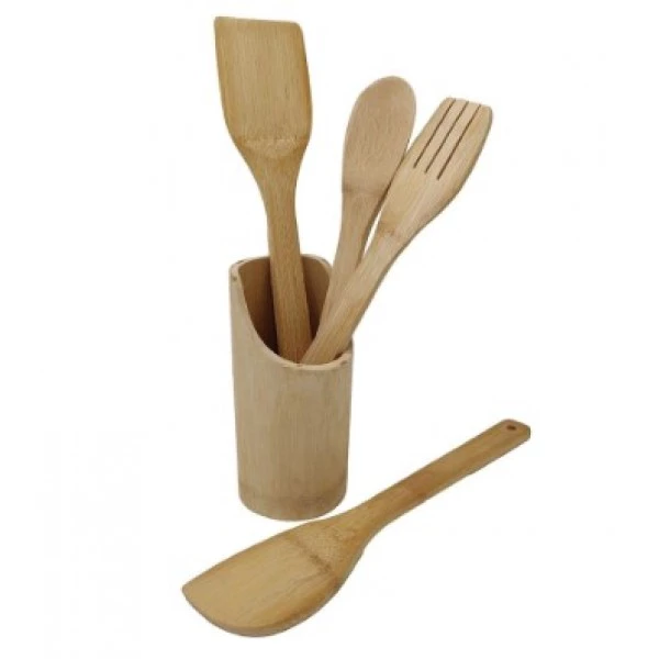 Kit Utensílios em Bambu 5 Peças com Porta-Utensílios – Livon 2568